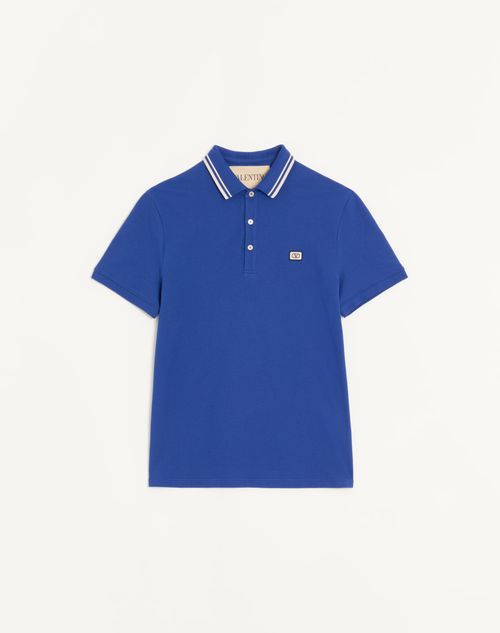Valentino - Cotton Piqué Polo Shirt With Vlogo Patch - Blue - Man - T-shirts And Sweatshirts